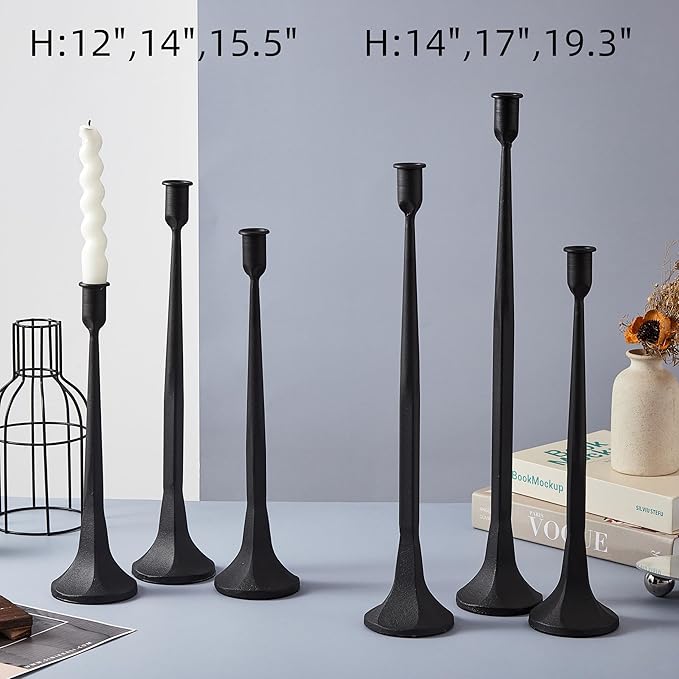 Denique Iron Taper Candle Holder Set of 3, Black Candlestick Holders 19.3”17” 14” Heightening Decorative Candle Stand Set for Wedding, Dining Table, Home Decoration (Black)
