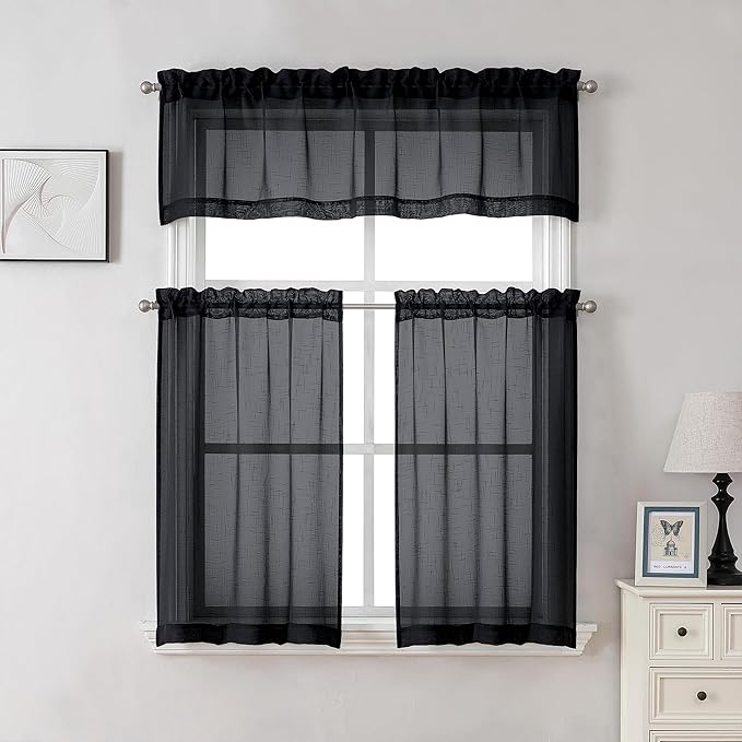 Aiyufeng Kirei Faux Linen Black Sheer Kitchen Valance Curtain 14 Inch Length, Soft Breathable Slub Textured Valance for Small Windows Farmhouse Basement Bedroom, 60X14 Inch, 1 Piece, Black