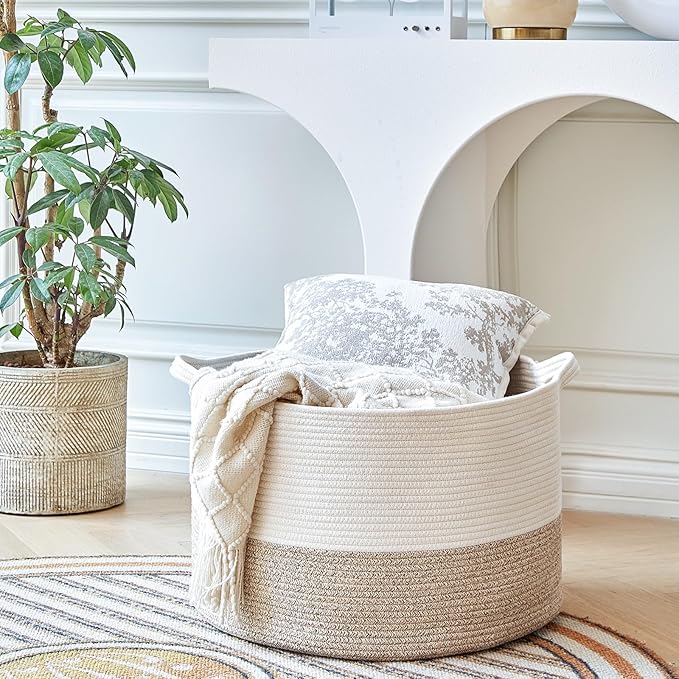 Extra Large Cotton Rope Basket 22" x 14" - Toy Basket for Kids -Blanket Basket for Living Room - Woven Baskets for Storage
