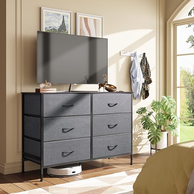WLIVE Dresser for Bedroom with 6 Drawers, Wide Fabric Dresser TV Stand for 50 Inches TV with Metal Frame, Wooden Top, Fabric Storage Organizer for Livingroom, Hallway, Dark Gray