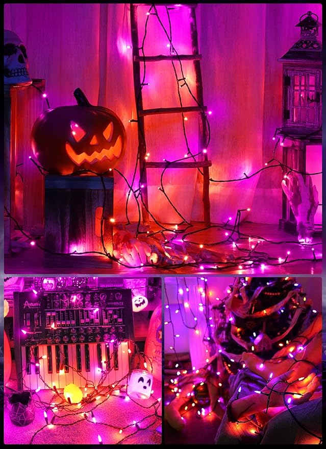 Outdoor Halloween Lights, 39Feet 100 LED Mini Lights with 8 Lighting Modes, Connectable Halloween String Light Plug In for Garden Patio Party Haunted House Ghost Holiday Decoration, Orange & Purple