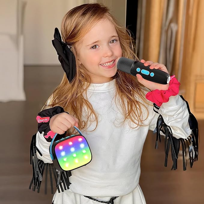 YLL Mini Karaoke Machine with 2 Wireless Microphones, TOP Kids Gifts for Girls Ages 3, 4, 5, 6, 7, 8, 9,10,11,12 +Year Old, 4-12 Years Old Birthday Toy Gift for Girls Boys Party (Black Blue)