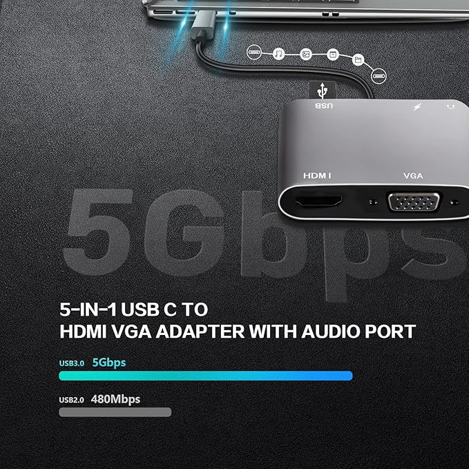 VCOM USB C to HDMI VAG Adapter, 5-in-1 USB C Hub with 100W Power Delivery, 4K HDMI, 1080P VGA, USB 3.0 Port, OTG Adapter Compatible with MacBook Air, iPad Pro, Dell XPS, Surface Pro (Grey)
