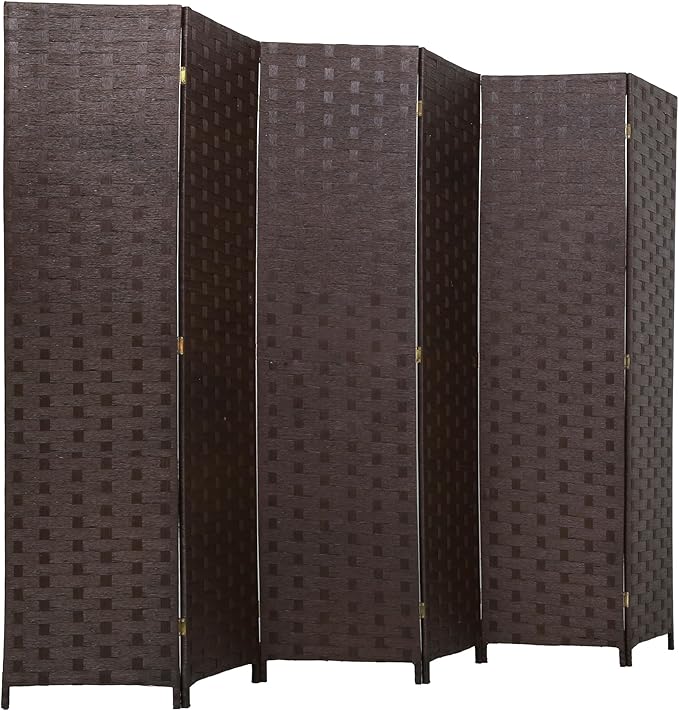 FDW Room Divider Wood Screen 6 Panel Folding Portable Partition Screens Wooden Mesh Woven Design Room Divider for Home Office (Dark Brown)