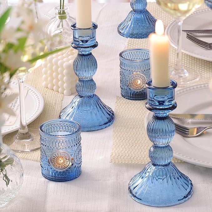 DARJEN Blue Candlestick Holders Set of 4 - Vertical Stripe Glass Candle Holders for Candlesticks and Taper Candles, Taper Candle Holder for Wedding Shower, Party, Dinner Table Decor