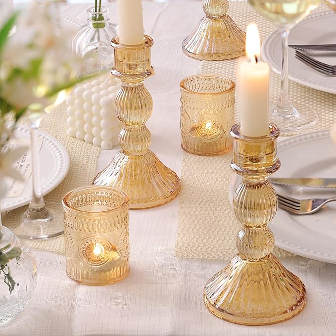 DARJEN Gold Candlestick Holders Set of 4 - Vertical Stripe Glass Candle Holders for Candlesticks and Taper Candles, Taper Candle Holder for Wedding, Party, Home Decor & Table Centerpieces