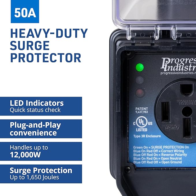 Progressive Industries SSP-50XL Portable RV Smart Surge Protector, Black, 50 Amp
