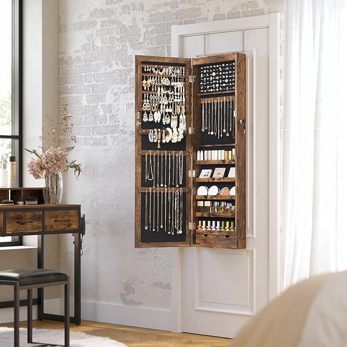 SONGMICS 6 LEDs Mirror Jewelry Cabinet, 47.2-Inch Tall Lockable Wall or Door Mounted Jewelry Armoire Organizer with Mirror, 2 Drawers, Christmas Gift, 3.9 x 14.6 x 47.2 Inches, Rustic Brown