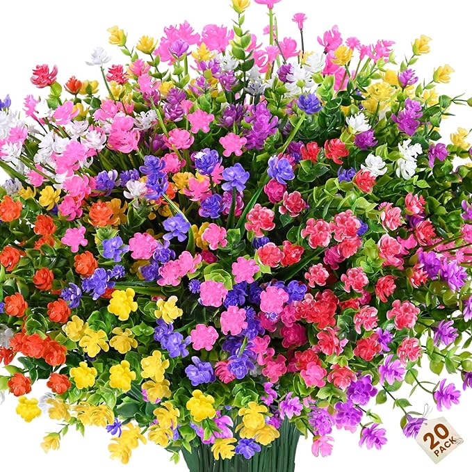 Artificial Flowers for Outdoors,20Bundles Artificial Plant UV Resistant Fake Flowers Greenery Shrubs Plants for Decoration Outdoor Plants Hanging Planter Home Garden Decor (Mix 2)