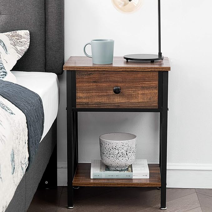 VECELO Modern Versatile Nightstands X-Design Side End Table Night Stand Storage Shelf with Bin Drawer for Living Room Bedroom, Set of 2 (Brown)
