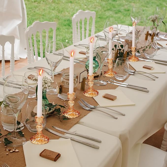 Suclain 24 Pcs Glass Taper Candle Holder Sets 12 Candlestick Holder with 12 White Long Candles for Wedding Party Decor Dinner Decoration(Amber)
