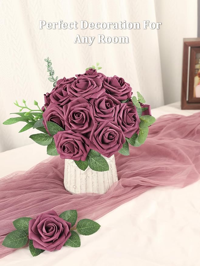 MACTING Artificial Flower Roses 30PCS Real Touch Fake Flowers with Stem Plum Purple Foam Roses for DIY Wedding Bouquet Party Table Centerpieces Baby Shower Holiday Home Spring Mothers Day Decorations