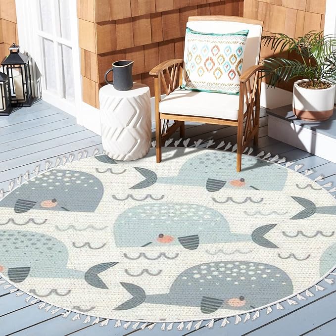Round Boho Rug Pastel Colours Whale in The Waves Seamless Cute Ocean Creatures Area Linen Carpet Patio Hallway Runner Mat Pad Minimalist Home Decor for Living Room Outdoor, Multi, 3 ft