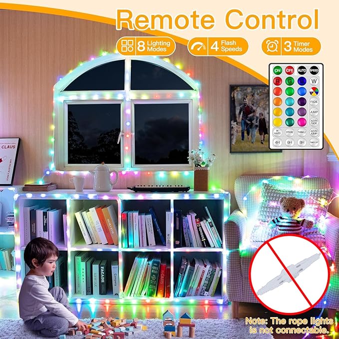 Ollny USB Rope Lights Outdoor Color Changing with Remote, 33FT 100 LED Waterproof String Lights, 18 Colors Fairy Christmas Light for Indoor Bedroom Party Garden Wedding Holiday Decorations