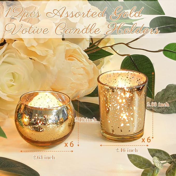 Gold Votive Candle Holders 12Pcs Assorted Gold Mercury Glass Votives Tealight Candle Holders for Table Centerpiece Wedding Bridal Shower Engagement Party Festival Holiday Home Decor