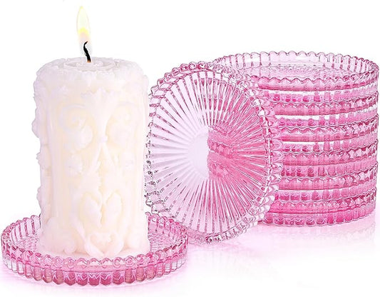 Glass Candle Holders, GOH DODD Set of 8 Crystal Pillar Plates Modern Coasters for Drinks, Centerpiece, Home Decor, Kitchen, Living Room, Patio, Wedding, Halloween, Christmas, Party, Clear Pink
