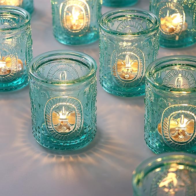 Blue Votive Candle Holders Set of 12, Vintage Blue Tealight Candle Holders, Teal Candle Holder for Wedding Home Decor, Embossed Candle Votives for Bridal Shower Decor/Thanksgiving/Christmas