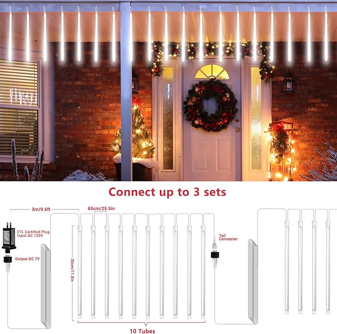 Joomer Christmas Lights Outdoor, 11.8 inch 10 Tubes 240 LED Meteor Shower Lights, LED Snow Falling Icicle Cascading Light with Timer Waterproof and Connectable for Christmas Decoration (White)