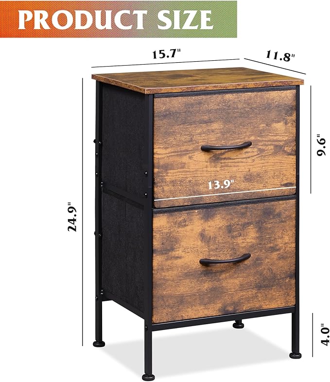 WLIVE Night Stand with Drawers, Dresser for Bedroom with 2 Fabric Drawer, Small Bedside Tables, Nightstand End Table Furniture, College Dorm, Rustic Brown Wood Grain Print, Size L