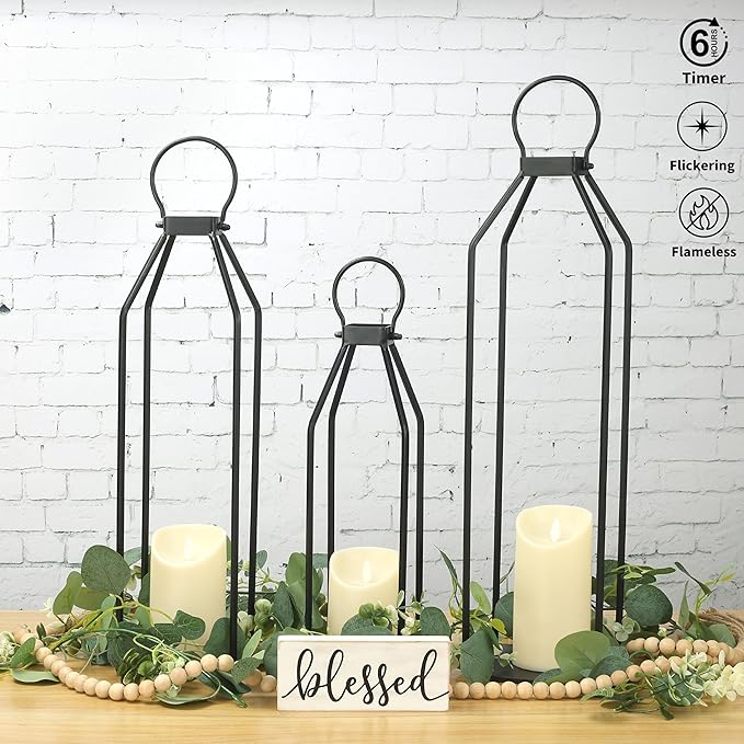 Perfnique Modern Farmhouse Lanterns, Set of 3 Black Metal Lanterns w/ 6hr Timer Flickering Flameless Candles, Decorative for Outdoor Decor, Front Porch, Indoor, Patio, Garden, Fireplace, Christmas