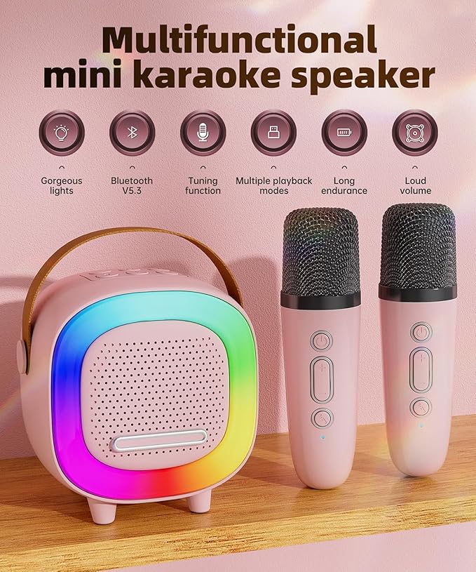 Mini Karaoke Machine Speaker for Kids Adults, Portable Bluetooth with 2 Wireless Microphones, Christmas Birthday Gift Ideas for Toys for Teens Boys and Girls Aged 4, 5, 6, 7, 8, 9, 10, 11, 12+