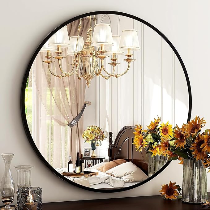 HARRITPURE Round Mirror 30 Black Wall Mounted Circle Mirrors Vanity Mirror with Brushed Aluminum Alloy Frame Modern Decoration for Bathroom, Living Room, Vanity, Bedroom, Entryway