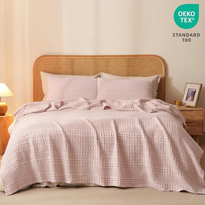 PHF 100% Cotton Waffle Weave Blanket Twin Size for Bed, Soft Lightweight & Breathable, All-Season Comfort, Luxury Aesthetic Woven Bedding for Home Decor, 66"x90", Pink/Mauve