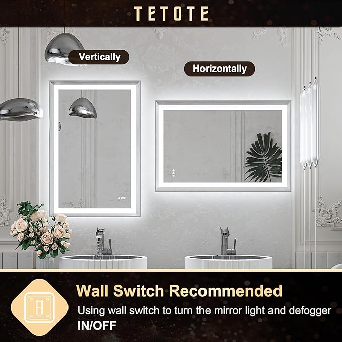TETOTE Bathroom Mirror with Lights 20x28 Brushed Nickel LED Mirror Silver Frame Frontlit & Backlit Lighted Vanity Mirror Baroque Anti Fog Dimmable White/Warm/Natural,Wall Mounted(Horizontal/Vertical)