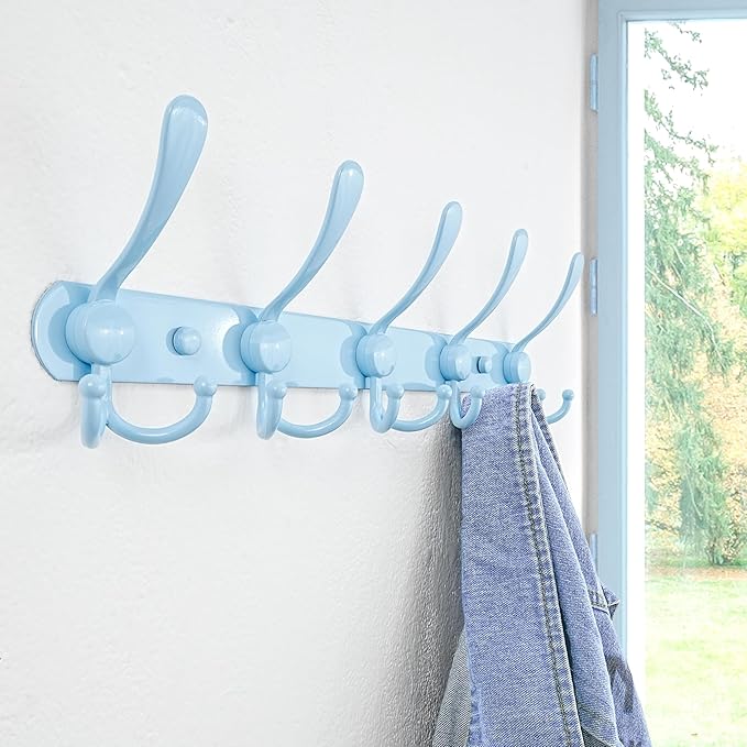 Dseap Coat Rack Wall Mounted - 5 Tri Hooks, Heavy Duty, Stainless Steel, Metal Coat Hook Rail for Coat Hat Towel Purse Robes Mudroom Bathroom Entryway, Blue