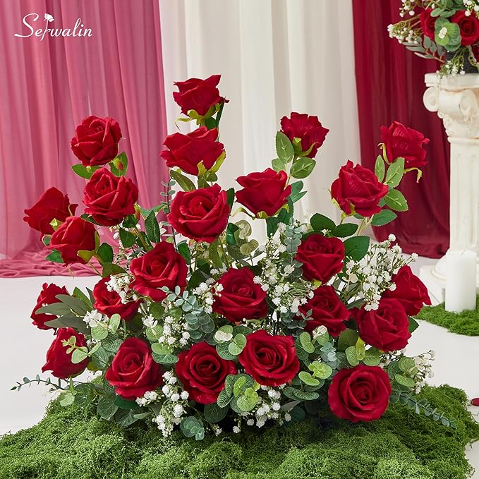 Serwalin 60 PCS Red Artificial Roses in Bulk, 3.15'' Flower Head Fake Silk Roses Realistic Roses for Bridal Bouquet Wedding Centerpieces Flower Arrangement Party Home Decor