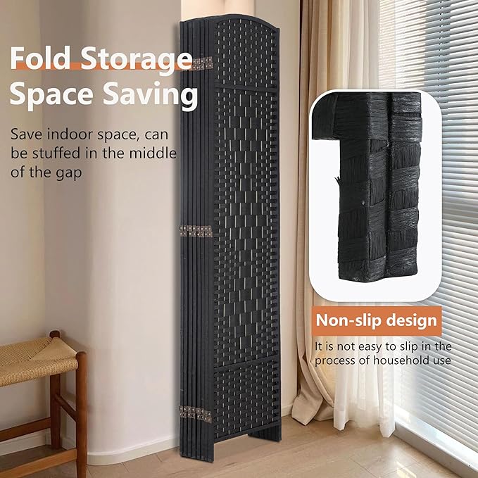 FDW Room Divider 8 Panel Folding Privacy Divider 6 Ft Indoor Wall Divider Portable Partition Wood Screen, Coal Black
