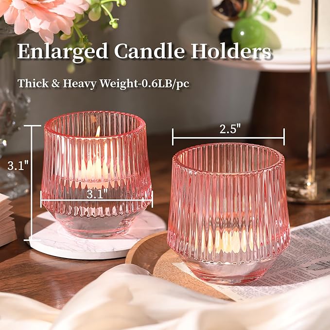 12 Pcs Large Pink Candle Holder- 3.15"×3.15" Ribbed Pink Vorive Candle Holders for Pink Bridal Shower Decorations, Girl Baby Shower Decorations, Pink Glass Candle Holder for Table Centerpiece