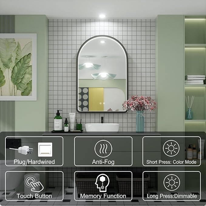 24x36 Inch Arched LED Mirror for Bathroom with Lights, Adjustable 3000K/4500K/6000K, Wall Mounted Black Frame Lighted Bathroom Vanity Mirror, Anti-Fog, Dimmable, Memory Function