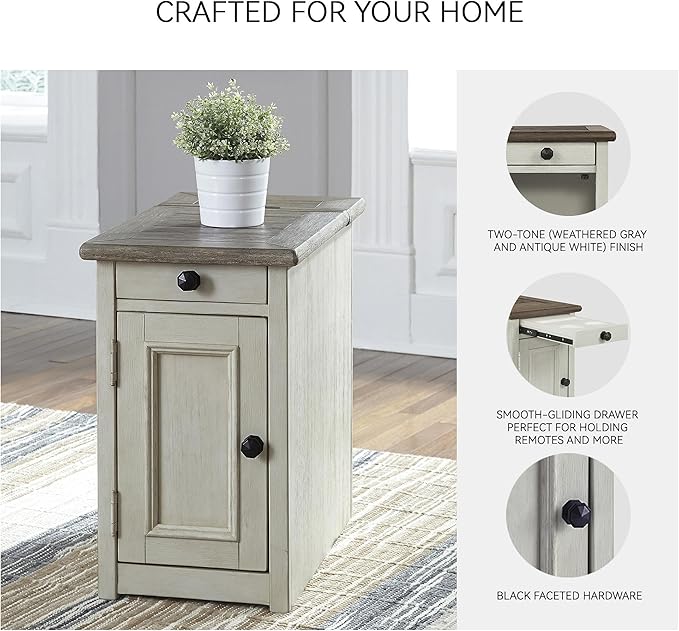 Signature Design by Ashley Bolanburg Farmhouse Chair Side End Table with Outlets and USB Ports, Antique Cream & Brown