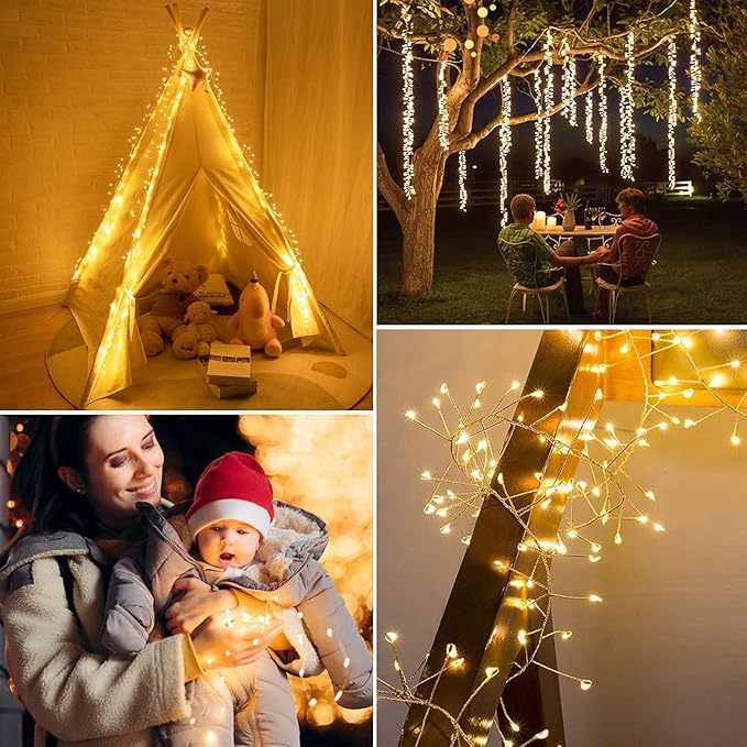 Minetom Fairy Lights Plug in, 10Feet 200 Led Cluster Lights Waterproof Starry String Lights for Ceiling Bedroom Wreath Window Wedding Christmas Tree Decoration, Warm White