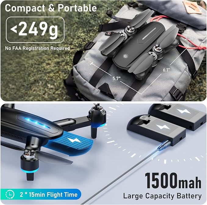 Drone with Camera, 1080P HD FPV Foldable Drone with Brushless Motor Optical Flow, One Key Take Off/Land, 360° Flip, Waypoint Fly, Gesture Selfie, 2 Batteries, Mini Drones for Kids 14+