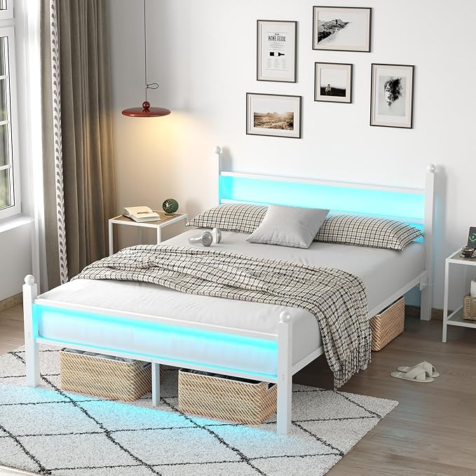 Full Bed Frame with Headboard and Footboard, Metal Bed Frame with Charging Station and LED Lights, Under Bed Storage, No Box Spring Needed,Noise Free, White
