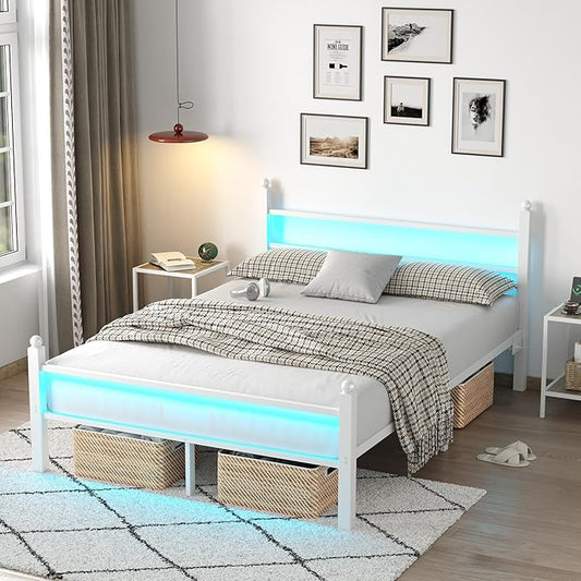 Full Bed Frame with Headboard and Footboard, Metal Bed Frame with Charging Station and LED Lights, Under Bed Storage, No Box Spring Needed,Noise Free, White