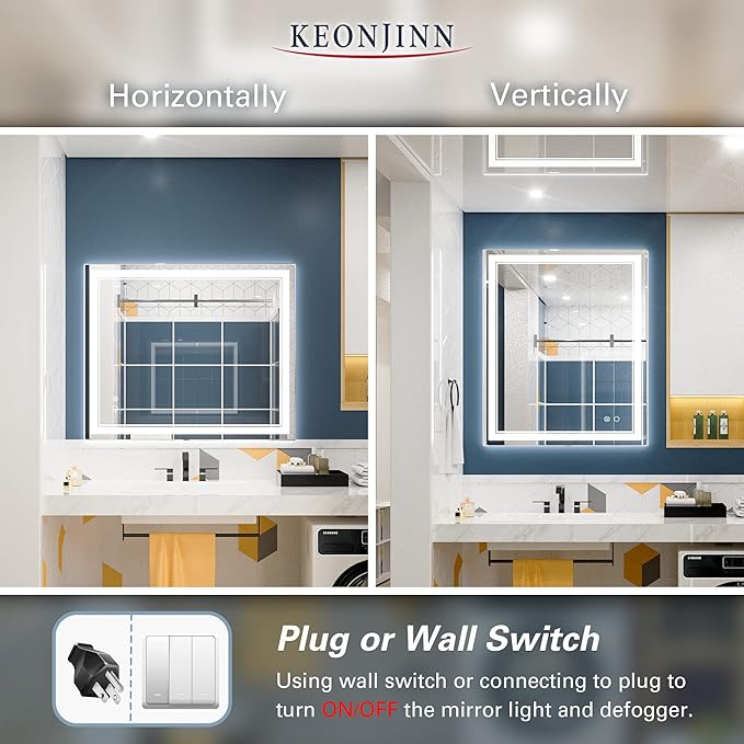 Keonjinn LED Bathroom Mirror, Lighted Vanity Mirror with Lights, 30 x 36 Inch, Dimmable, Anti-Fog, IP54, 6000K, Wall Mounted