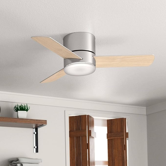 Hunter 44 inch Indoor Ceiling Fan with Light and Remote Control - For Bedroom or Living Room, Low Profile Mount, Modern Ceiling Fan with LED Light, Quiet, 3 Blades - Minimus 59454, Brushed Nickel