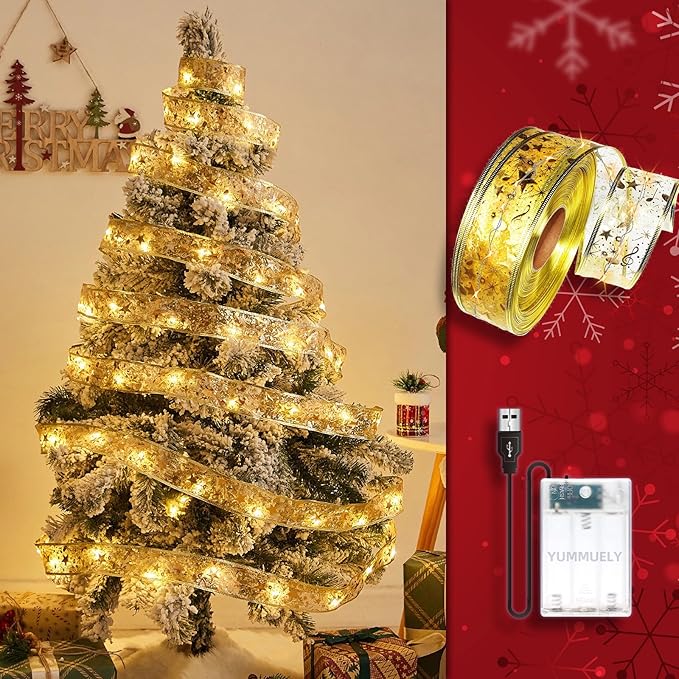 Christmas Ribbon Fairy Lights 33Ft 100 LED String Lights Battery Operated 2In Gold Foil Ribbon with Warm White Twinkle Firefly Lights Indoor Starry Holiday Decoration for Christmas Tree