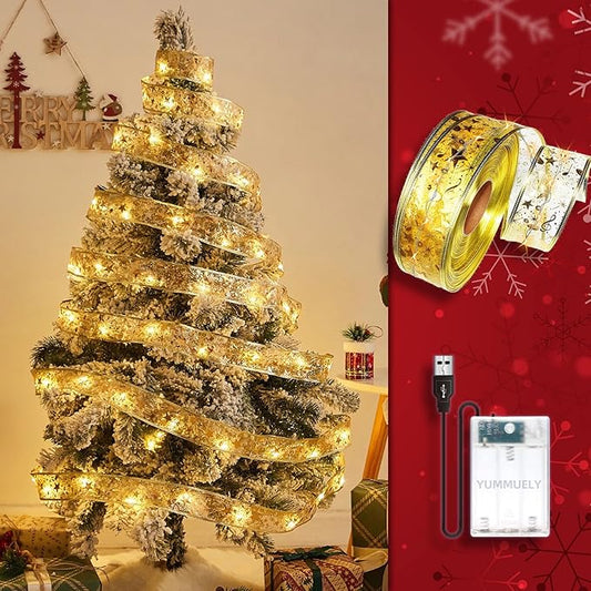Christmas Ribbon Fairy Lights 33Ft 100 LED String Lights Battery Operated 2In Gold Foil Ribbon with Warm White Twinkle Firefly Lights Indoor Starry Holiday Decoration for Christmas Tree