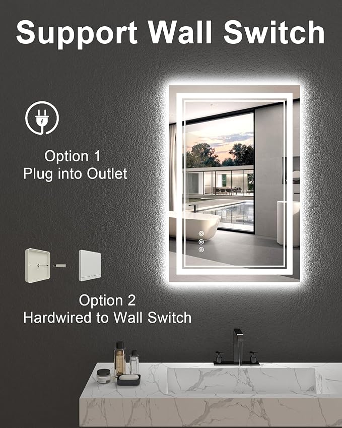 LED Mirror for Bathroom, 20x28 Inch Lighted Mirrors for Bathroom Wall with Unbreakable Tempered Glass, 3 Colors Stepless Dimmable, Super Bright 2 Front Lights + Backlit, Anti-Fog, Memory Function
