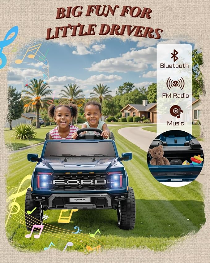 Licensed Ford F-150 Raptor 2 Seater Ride on Car for Kids, 24 Volt Ride on Toys for Boys w/Remote Control, Kids Electric Car w/LED Lights, Bluetooth, Truck Bed Storage, Soft Start (Blue)