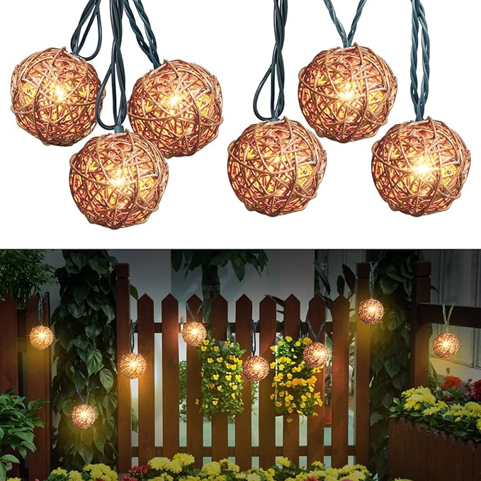 LIDORE Rattan Christmas String Lights, Mini Globe Wicker Lights for Patio, Wedding, Garden and Party, Brown Rattan and Green Cord, 7.92Ft Indoor/Outdoor