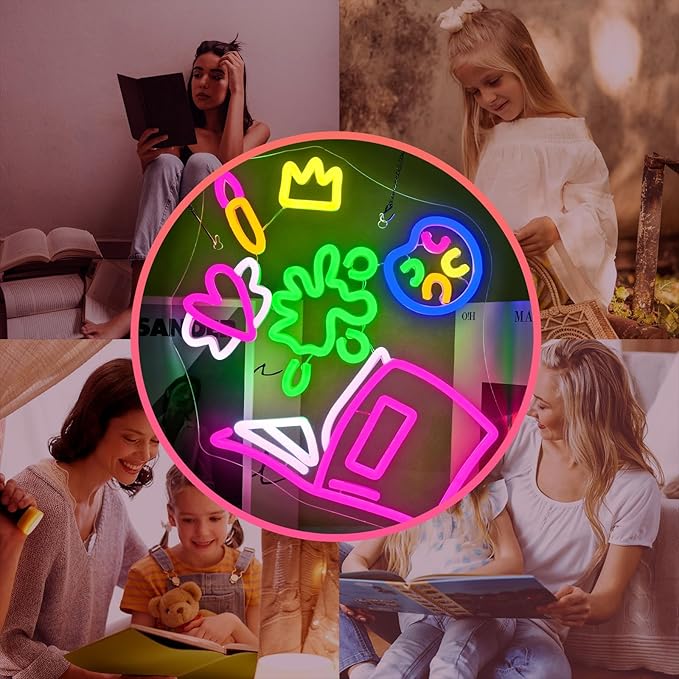 Magical Book Neon Sign, The Wonderful World of Books Design, USB Powered Dimmable, 5V/2A, for Kids, Gift, Office, Bedroom, Reading Room, Kids Room, Classroom, Book Lover