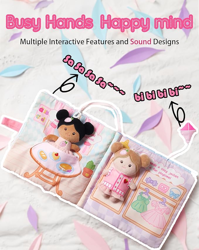 Interactive Sensory Soft Cloth Book, Educational Crinkle Quiet Activity Busy Book for Babies,Toddler Travel Toy Gift for 1-3 Year Old Boys and Girls (A Berry Special Day)