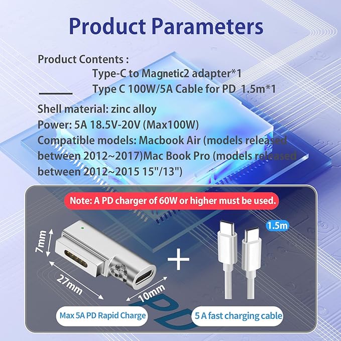 Magnetic 90 Degree USB C to Magnetic 2 T-Tip Adapter, Type-C to Safe 2 T-Head PD 100W Power Fast Charging Converter for 2013-2015 MacBook Pro Air with 100W/5A USB C Cable (1.5M)