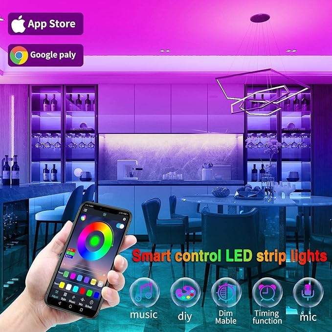 Led Lights 100ft Smart APP Control Music Sync Strip Lights RGB Color Changing Strips with Remote, for Bedroom Kitchen and Party