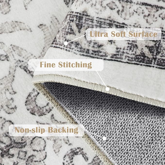 jinchan Hallway Runner Rug 2x8 - Machine Washable Beige Vintage Floral Distressed Design Soft Non-Slip Low-Pile Ultra-Thin Runner Rug for Kitchen Laundry Room Bedroom Farmhouse (2‘x8',Beige)